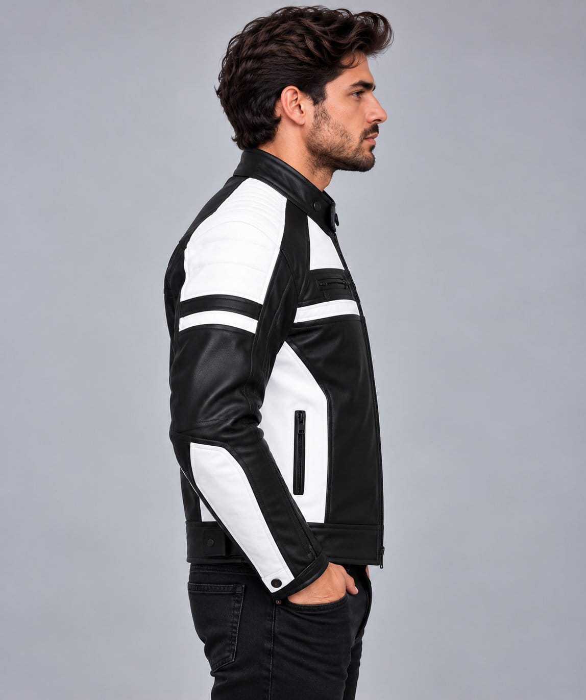 Men’s black and white genuine leather motorcycle racing jacket side view showing fitted racing silhouette, long sleeves and contrasting leather panels
