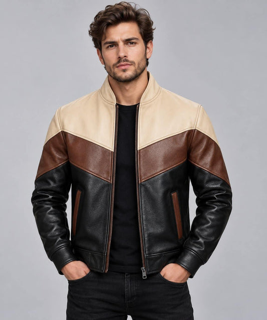 Men’s black, brown and beige genuine leather color block bomber jacket front view with ribbed collar, zipper closure and modern panel design