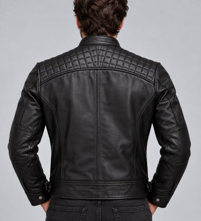 Men’s black genuine leather biker jacket back view with quilted shoulder detailing and clean leather finish