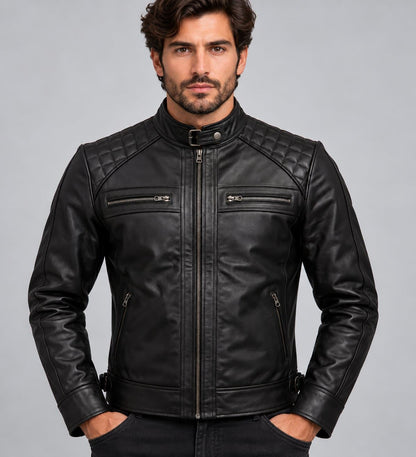 Men’s black genuine leather biker jacket front view with quilted shoulders, zipper closure and classic motorcycle styling