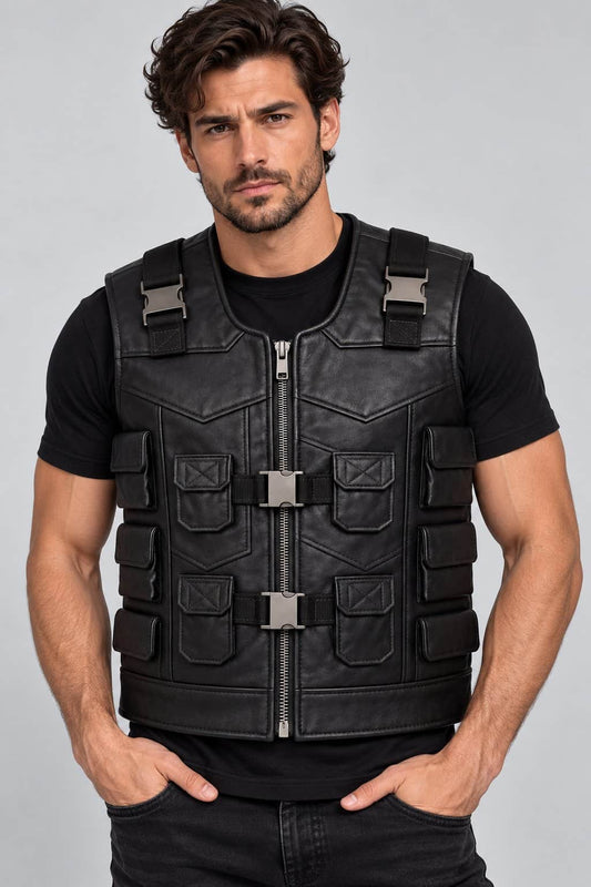 Men’s black genuine leather tactical vest front view with multi pocket design, button closure and rugged utility styling
