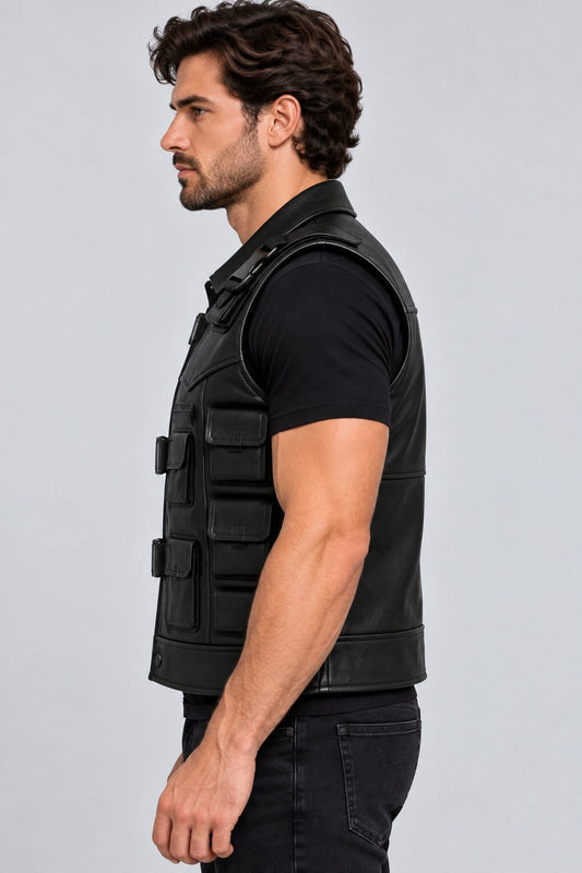 Men’s black genuine leather tactical vest side view showing structured fit, multiple utility pockets and durable leather construction