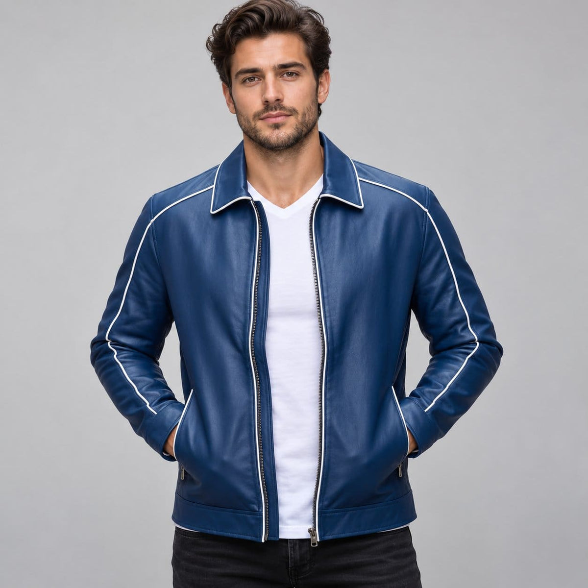 Men’s blue genuine leather varsity bomber jacket front view with classic varsity styling, button closure, ribbed collar and cuffs