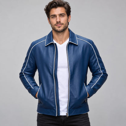 Men’s blue genuine leather varsity bomber jacket front view with classic varsity styling, button closure, ribbed collar and cuffs