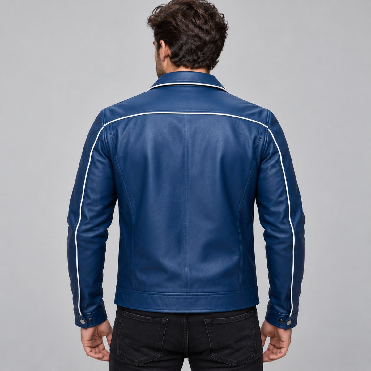 Men’s blue genuine leather varsity bomber jacket back view with clean leather finish and classic varsity bomber silhouette