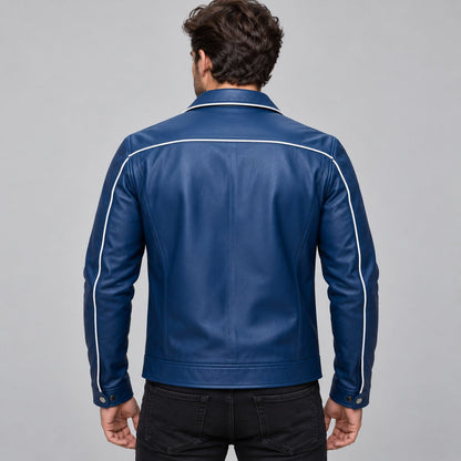 Men’s blue genuine leather varsity bomber jacket back view with clean leather finish and classic varsity bomber silhouette