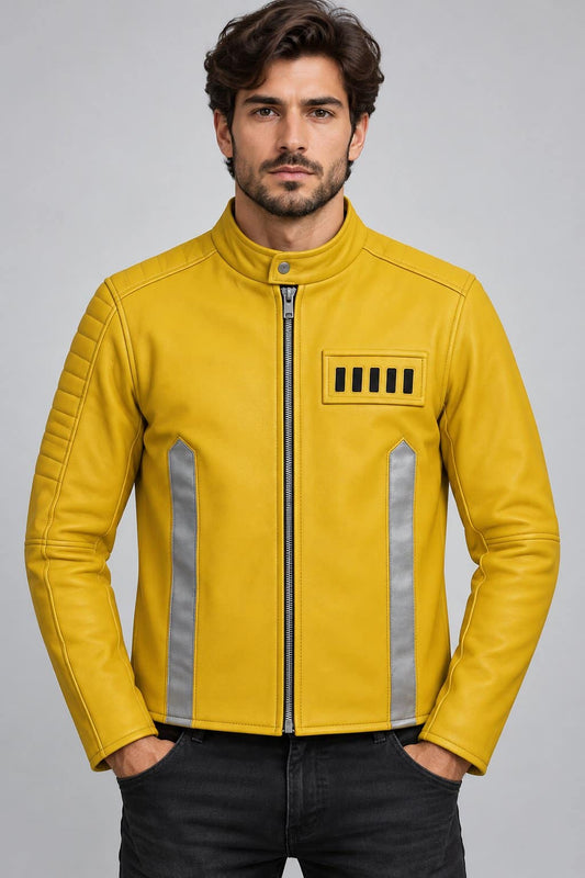 Men’s bold yellow genuine leather retro bomber jacket front view with ribbed collar, zipper closure and classic bomber styling