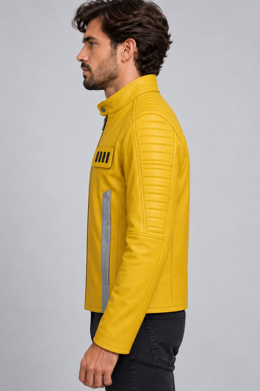 Men’s bold yellow genuine leather retro bomber jacket side view showing structured fit, long sleeves and ribbed cuffs