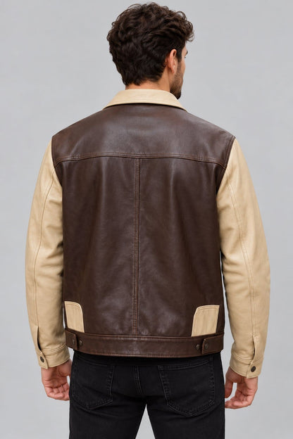 Men’s brown and beige lambskin leather trucker jacket back view with clean color block design and classic trucker silhouette
