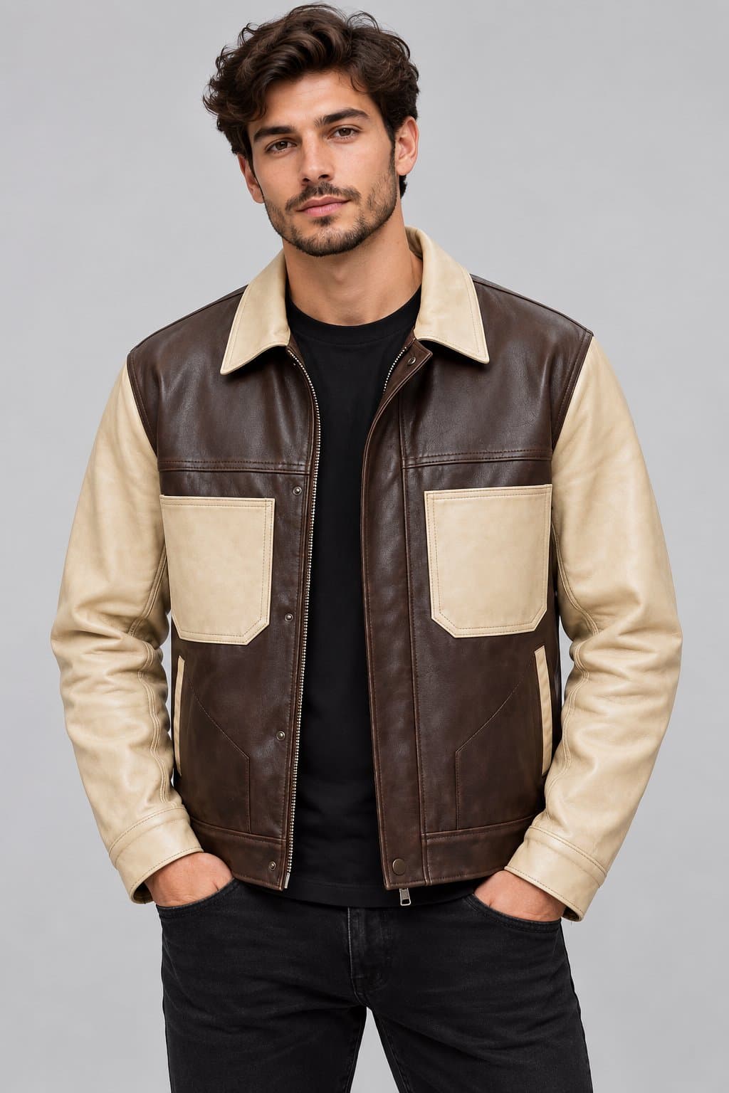 Men’s brown and beige lambskin leather trucker jacket front view with classic trucker styling, button closure and chest pockets