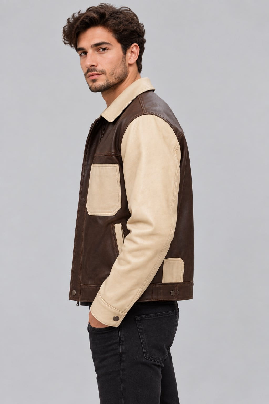Men’s brown and beige lambskin leather trucker jacket side view showing structured fit, long sleeves and contrasting leather panels