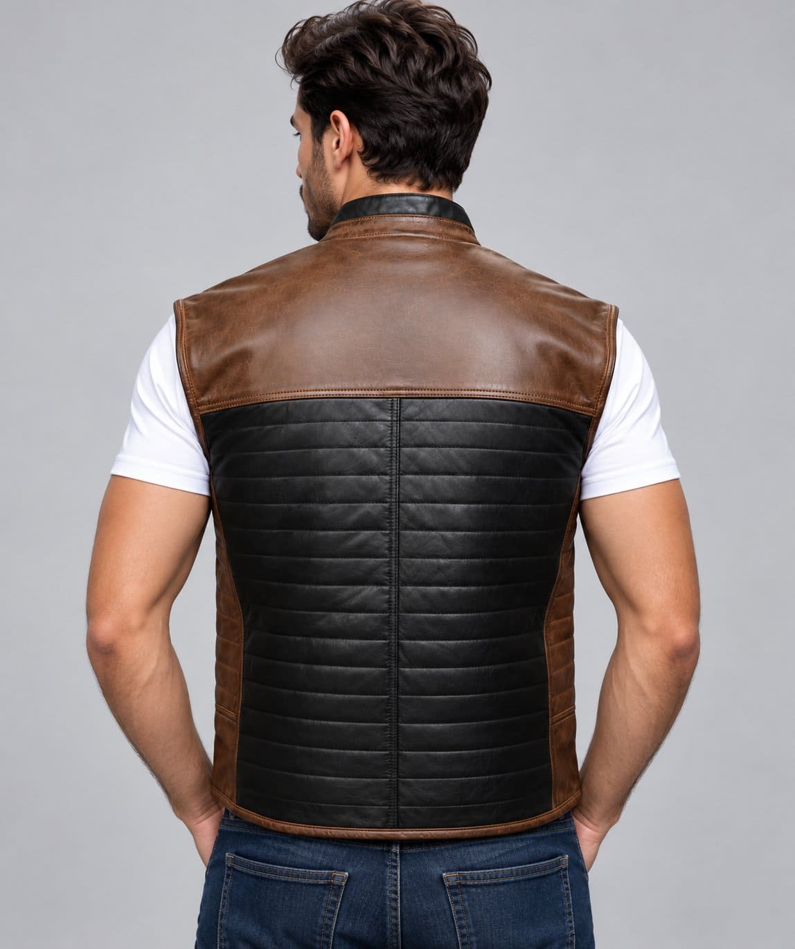 Men’s brown and black genuine leather two tone biker vest back view with contrasting leather panels and clean motorcycle vest silhouette