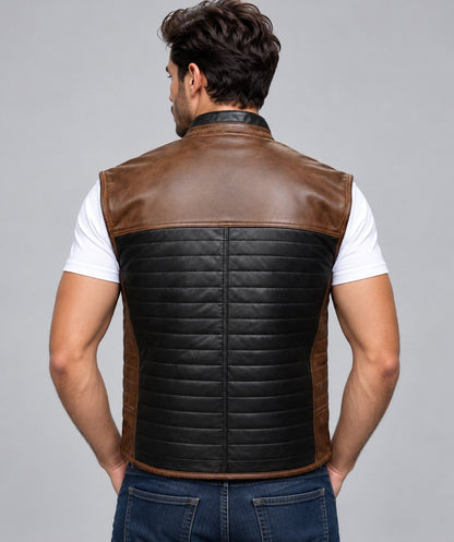 Men’s brown and black genuine leather two tone biker vest back view with contrasting leather panels and clean motorcycle vest silhouette