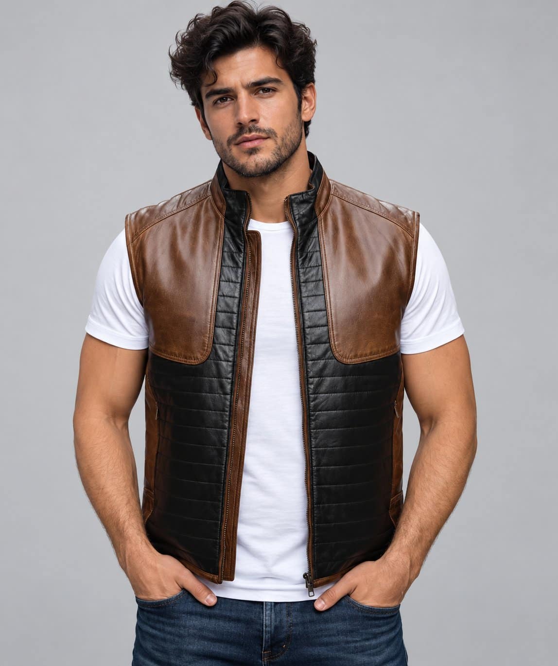 Men’s brown and black genuine leather two tone biker vest front view with bold color block design, button closure and classic motorcycle styling