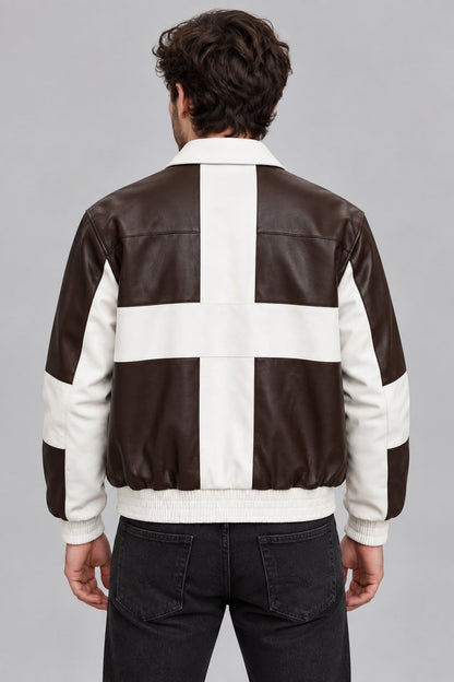 Men’s brown and cream genuine lambskin leather bomber jacket back view with contrasting color block panels and ribbed hem