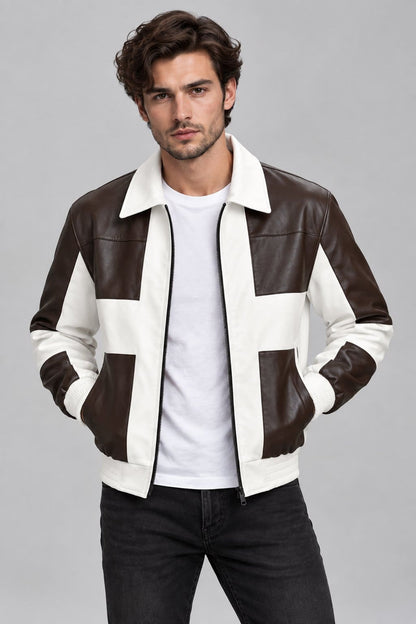 Men’s brown and cream genuine lambskin leather bomber jacket front view with color block design, zipper closure and ribbed collar