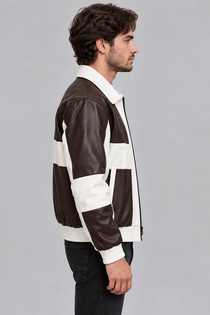 Men’s brown and cream genuine lambskin leather bomber jacket side view showing structured fit, contrasting leather panels and ribbed cuffs