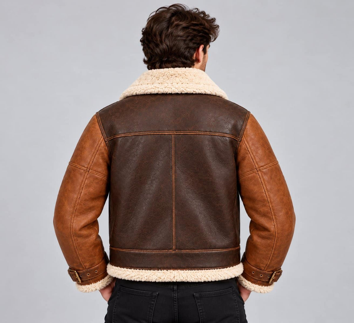 Men’s brown genuine sheepskin leather aviator bomber jacket back view with clean sheepskin finish and classic aviator silhouette
