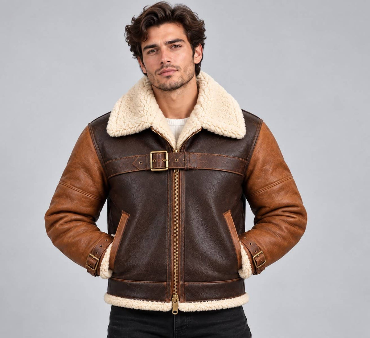 Men’s brown genuine sheepskin leather aviator bomber jacket front view with shearling collar, zipper closure and classic pilot styling