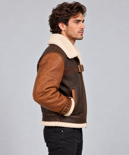 Men’s brown genuine sheepskin leather aviator bomber jacket side view showing shearling collar, long sleeves and structured bomber fit