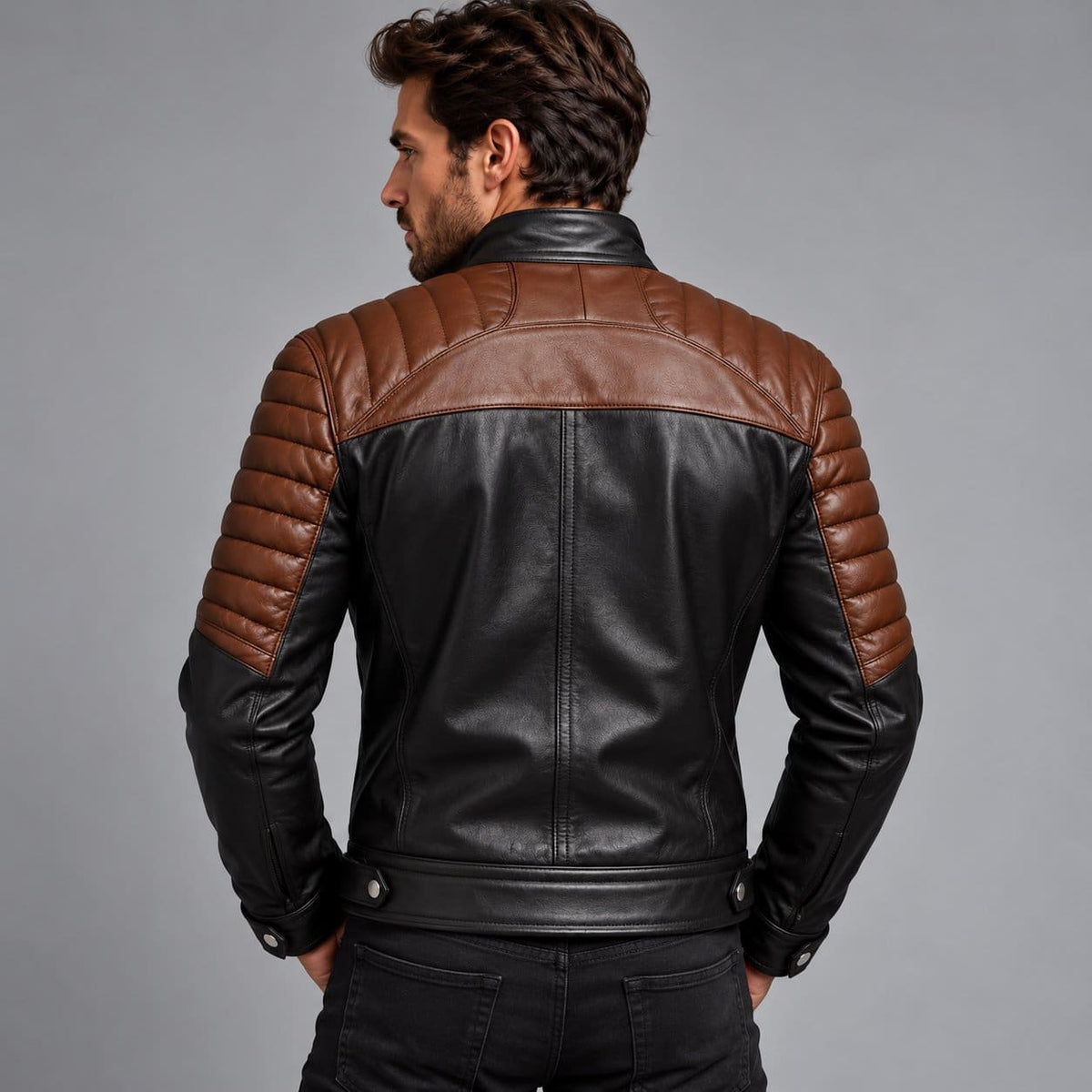Men's genuine leather biker jacket in black and brown with quilted back and shoulder detailing back view