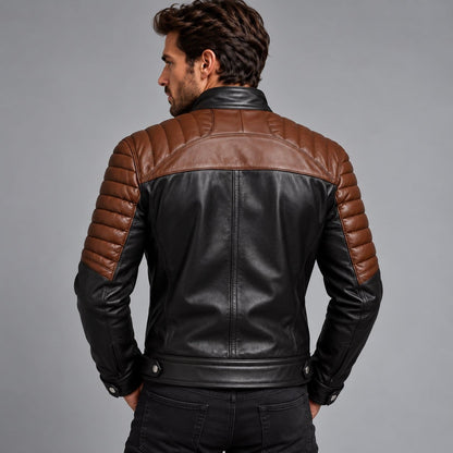 Men's genuine leather biker jacket in black and brown with quilted back and shoulder detailing back view