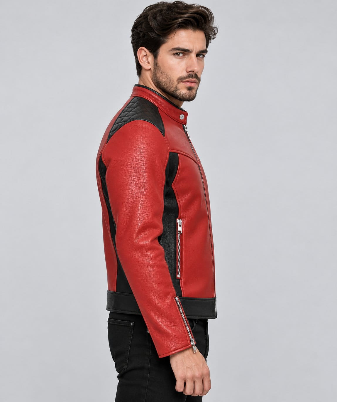 Men’s genuine leather cafe racer biker jacket side view showing streamlined fit, long sleeves and classic motorcycle silhouette