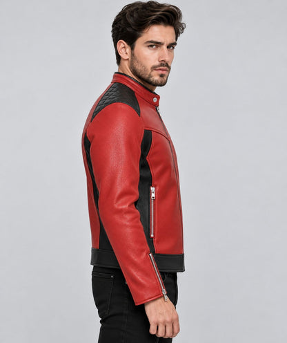 Men’s genuine leather cafe racer biker jacket side view showing streamlined fit, long sleeves and classic motorcycle silhouette