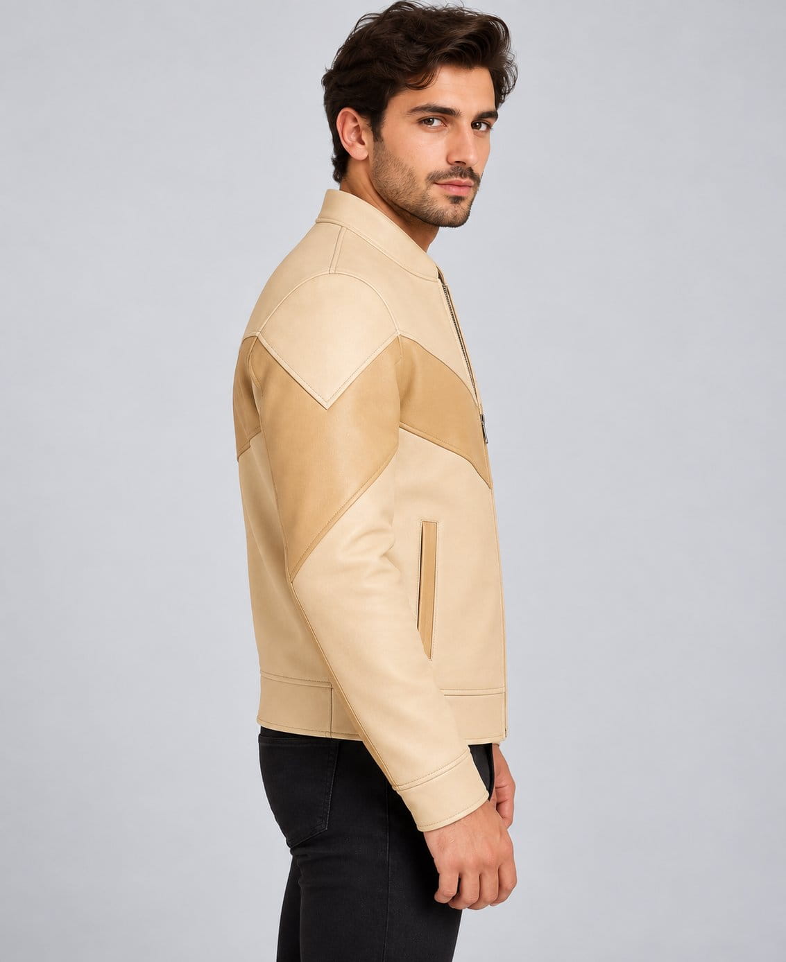 Men’s genuine leather ribbed bomber jacket side view showing structured fit, long sleeves and ribbed cuffs