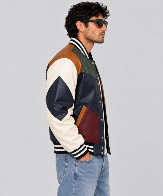 Men’s genuine leather varsity jacket side view showing structured fit, long sleeves and ribbed cuffs