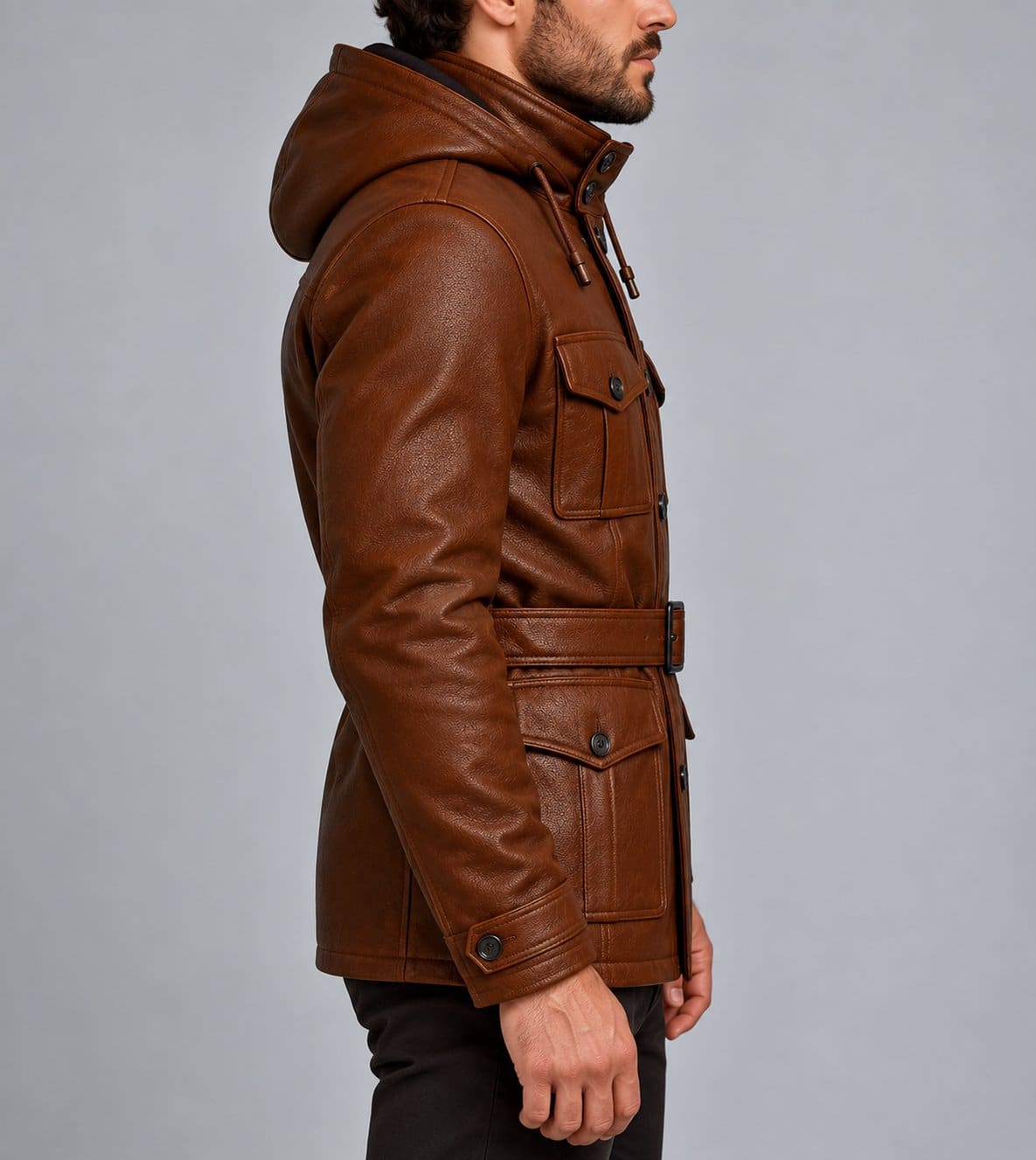 Men’s genuine sheepskin leather hooded motorcycle jacket side view showing long sleeves, hood and structured motorcycle fit