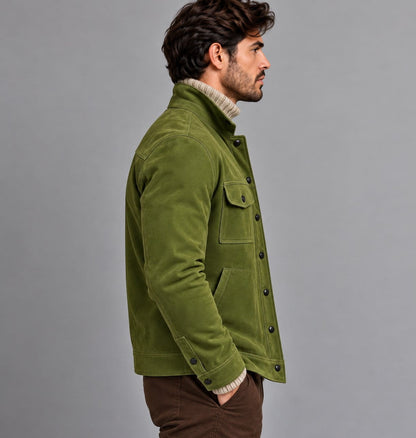 Men’s green genuine suede leather biker jacket side view showing structured fit, long sleeves, collar and pocket detailing