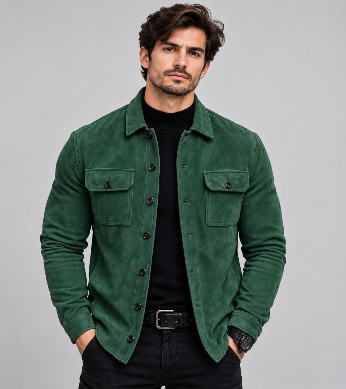 Men's green genuine suede leather jacket with button closure and two chest pockets front view