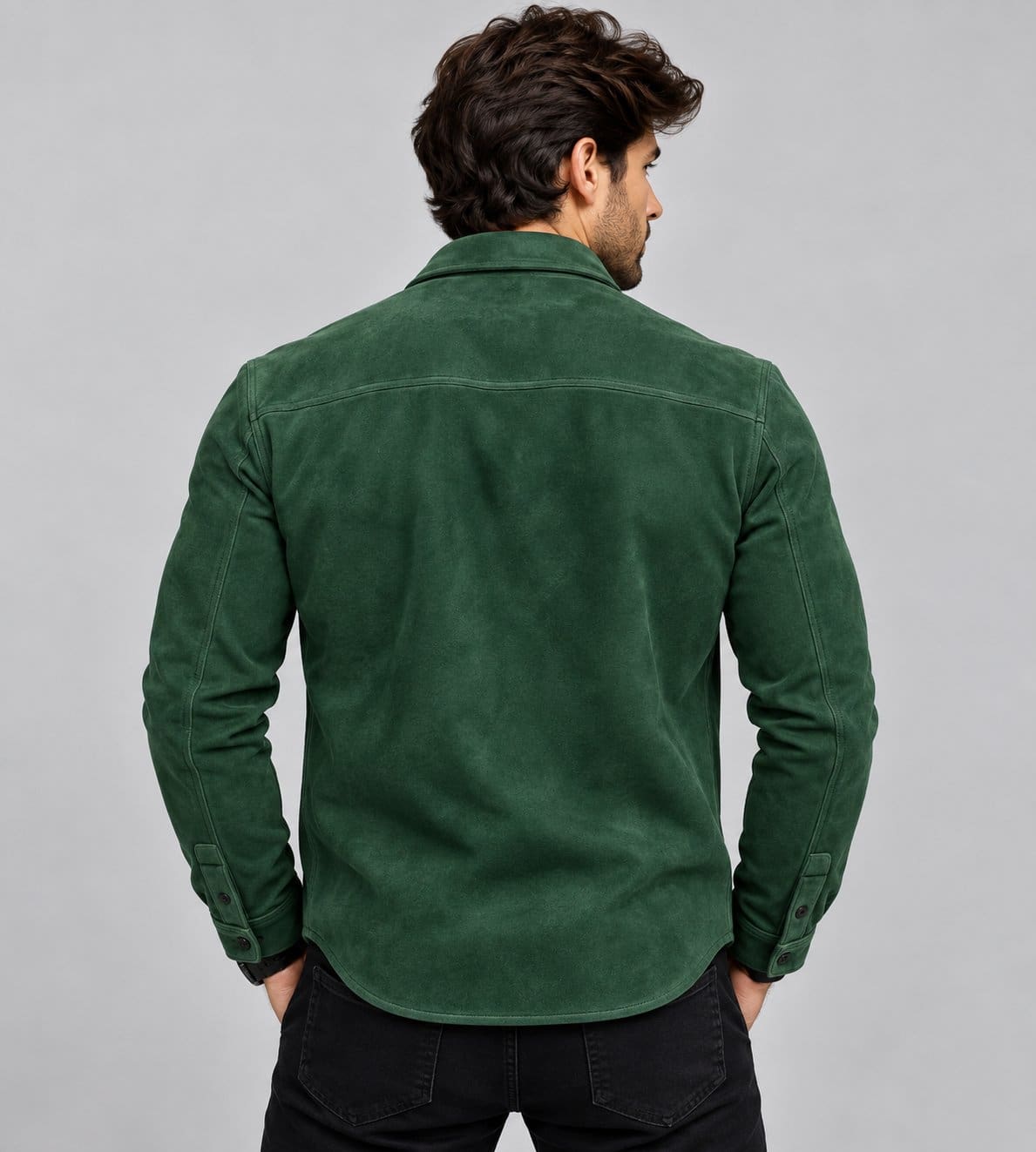 Men's green genuine suede leather jacket with clean back design and tailored fit back view