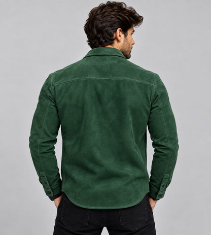 Men's green genuine suede leather jacket with clean back design and tailored fit back view