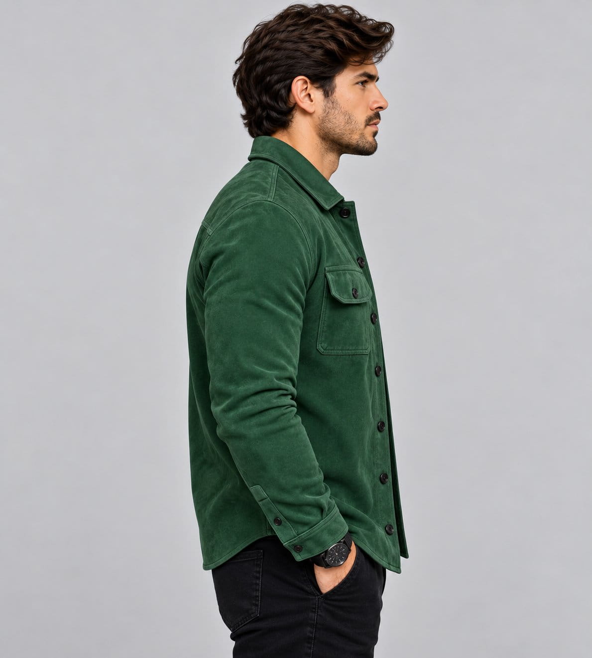 Men's green suede leather jacket with long sleeves, shirt collar and chest pocket detailing side view