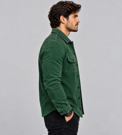 Men's green suede leather jacket with long sleeves, shirt collar and chest pocket detailing side view