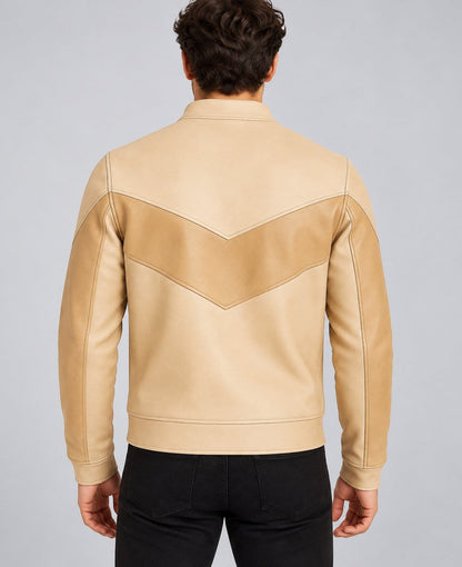Men’s handmade genuine leather ribbed bomber jacket back view with clean leather finish and ribbed hem