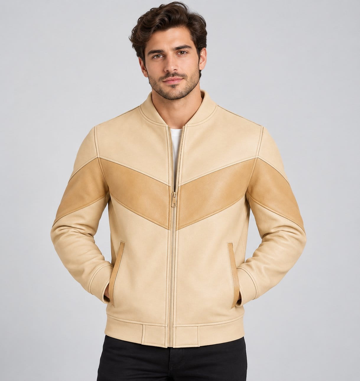 Men’s handmade genuine leather ribbed bomber jacket front view with ribbed collar, cuffs, hem and classic bomber styling