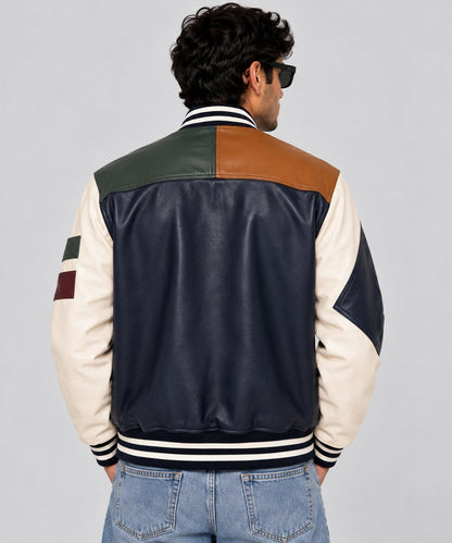 Men’s handmade genuine leather varsity jacket back view with clean leather finish and classic varsity silhouette