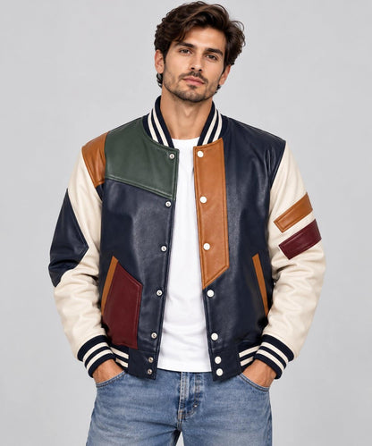 Men’s handmade genuine leather varsity jacket front view with classic varsity styling, button closure, ribbed collar and cuffs