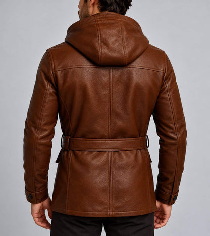 Men’s handmade genuine sheepskin leather hooded motorcycle jacket back view with clean leather finish and attached hood