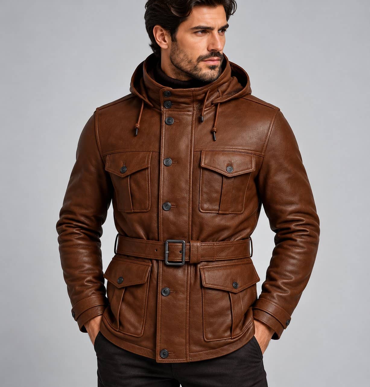 Men’s handmade genuine sheepskin leather hooded motorcycle jacket front view with hood, zipper closure and rugged biker styling