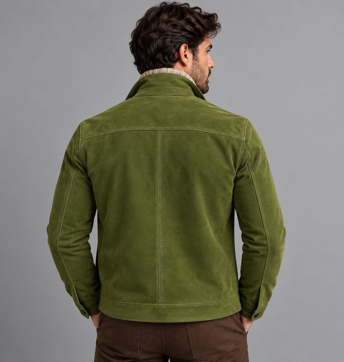 Men’s handmade green genuine suede leather biker jacket back view with clean suede finish and classic motorcycle jacket silhouette