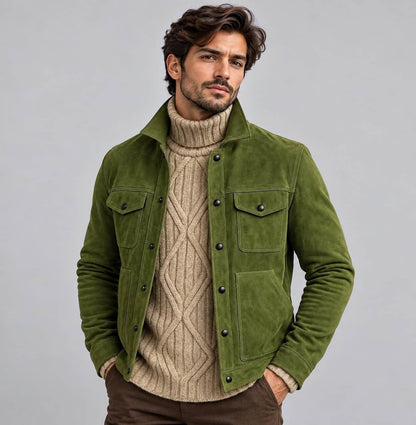 Men’s handmade green genuine suede leather biker jacket front view with classic biker styling, button closure and chest pockets