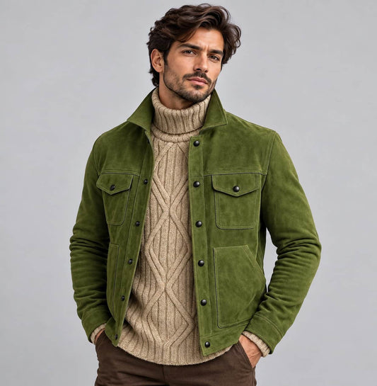 Men’s handmade green genuine suede leather biker jacket front view with classic biker styling, button closure and chest pockets
