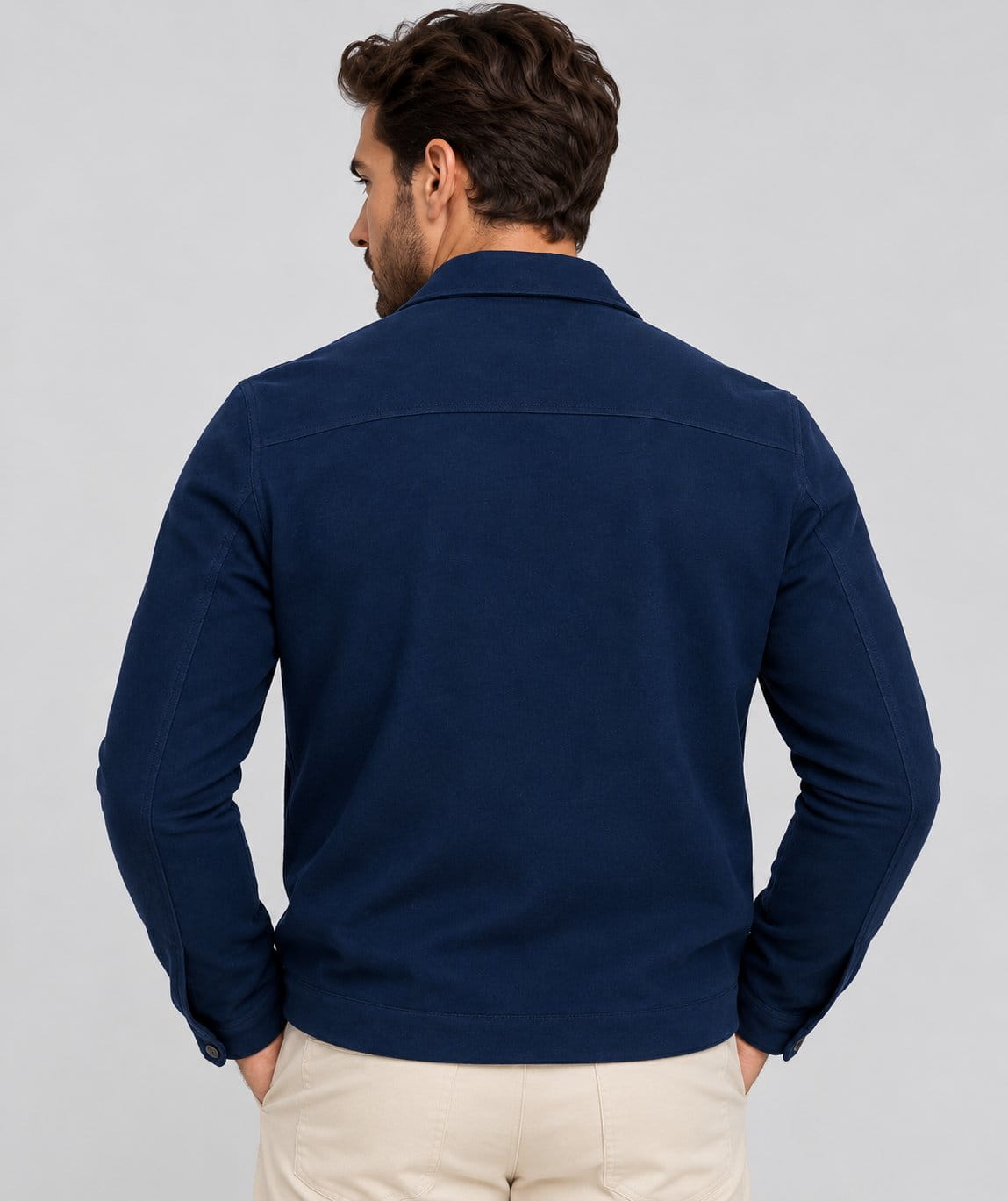 Men’s handmade navy blue sheepskin suede leather biker jacket back view with smooth suede finish and classic motorcycle jacket silhouette