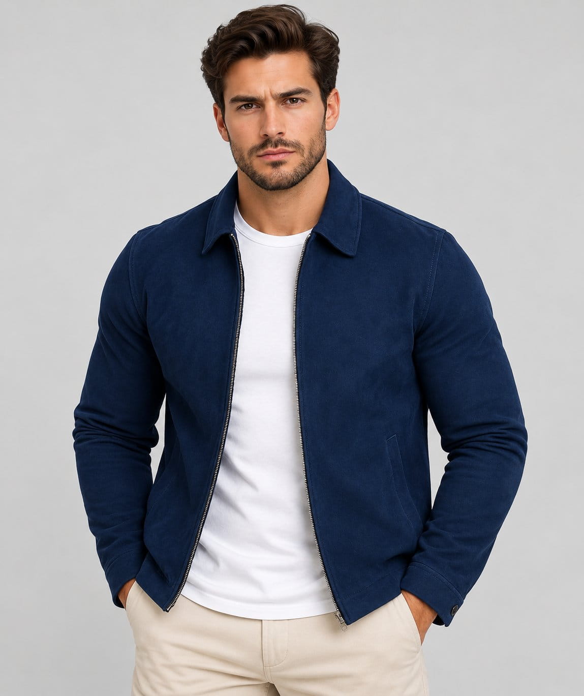 Men’s handmade navy blue sheepskin suede leather biker jacket front view with classic biker styling, button closure and chest pockets