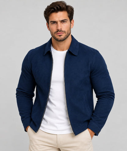Men’s handmade navy blue sheepskin suede leather biker jacket front view with classic biker styling, button closure and chest pockets
