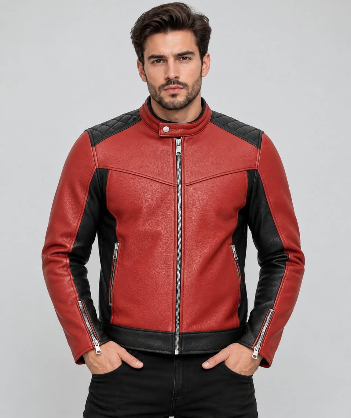 Men’s retro genuine leather cafe racer biker jacket front view with classic stand collar, front zipper closure and minimalist motorcycle styling